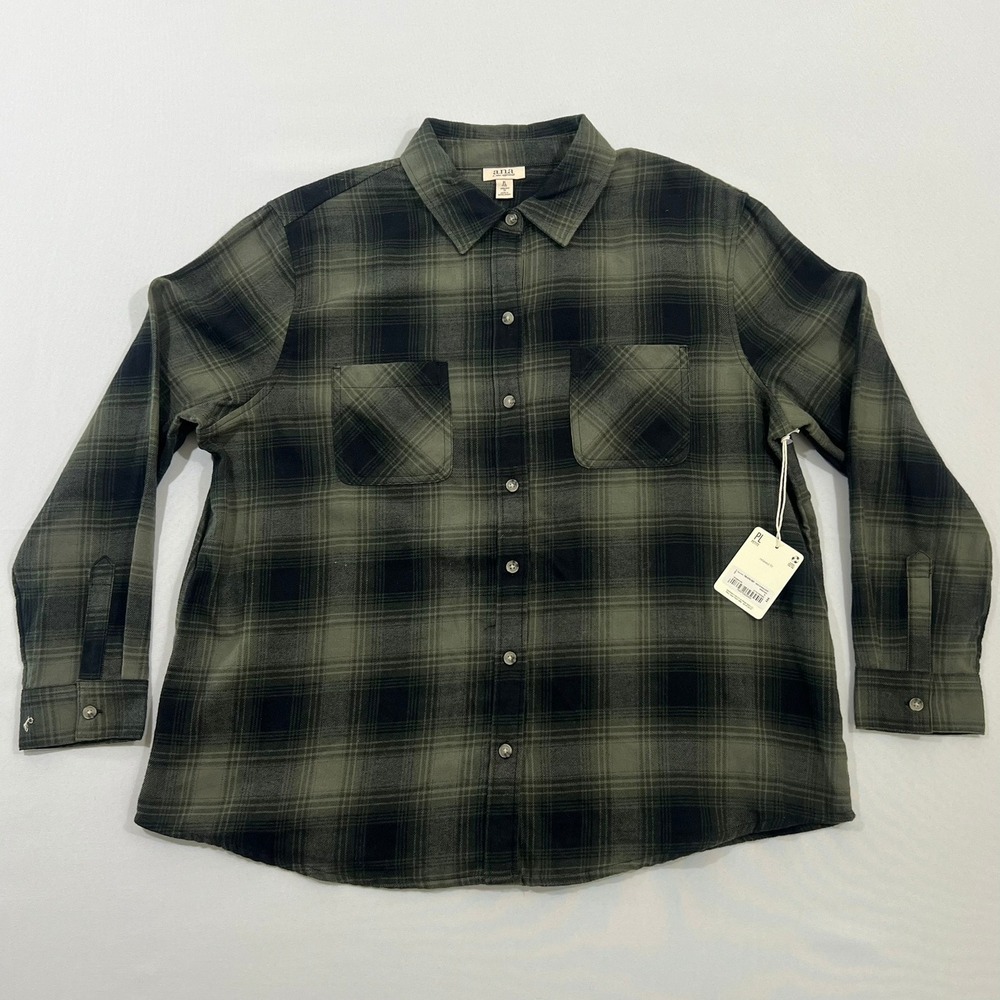 a.n.a Flannel Shirt Relaxed Fit Plaid Oregano Green Black Womens PL Petite NWT